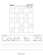 Count to 25 Handwriting Sheet