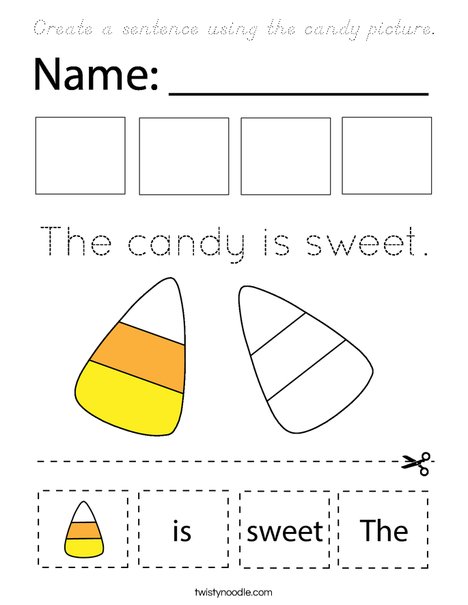 Create a sentence using the candy picture. Coloring Page