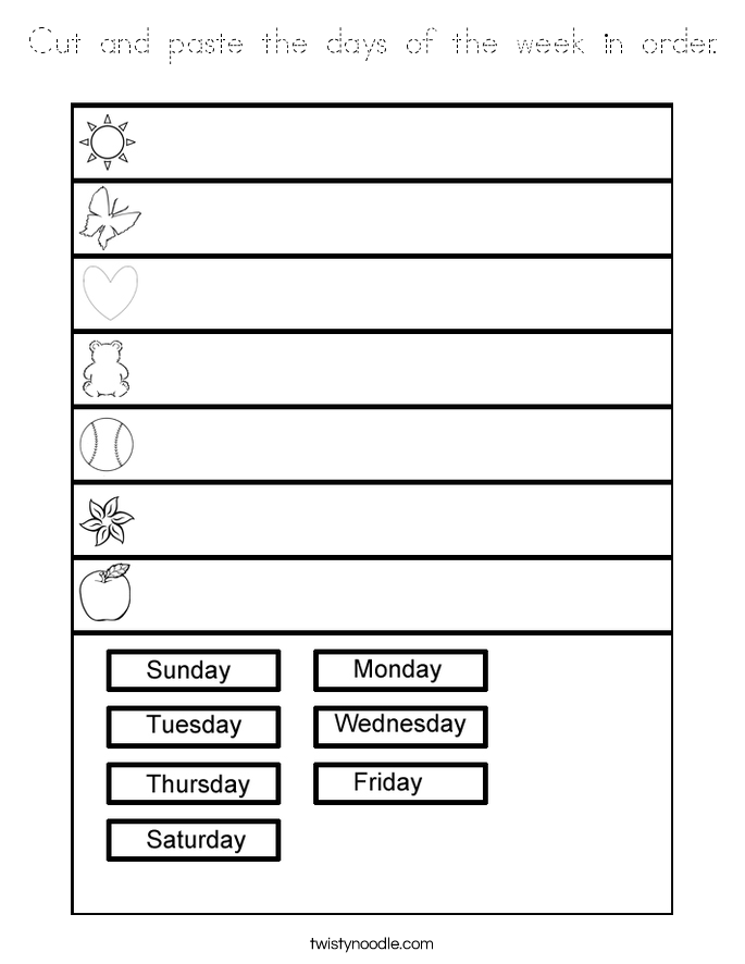 Cut and paste the days of the week in order. Coloring Page