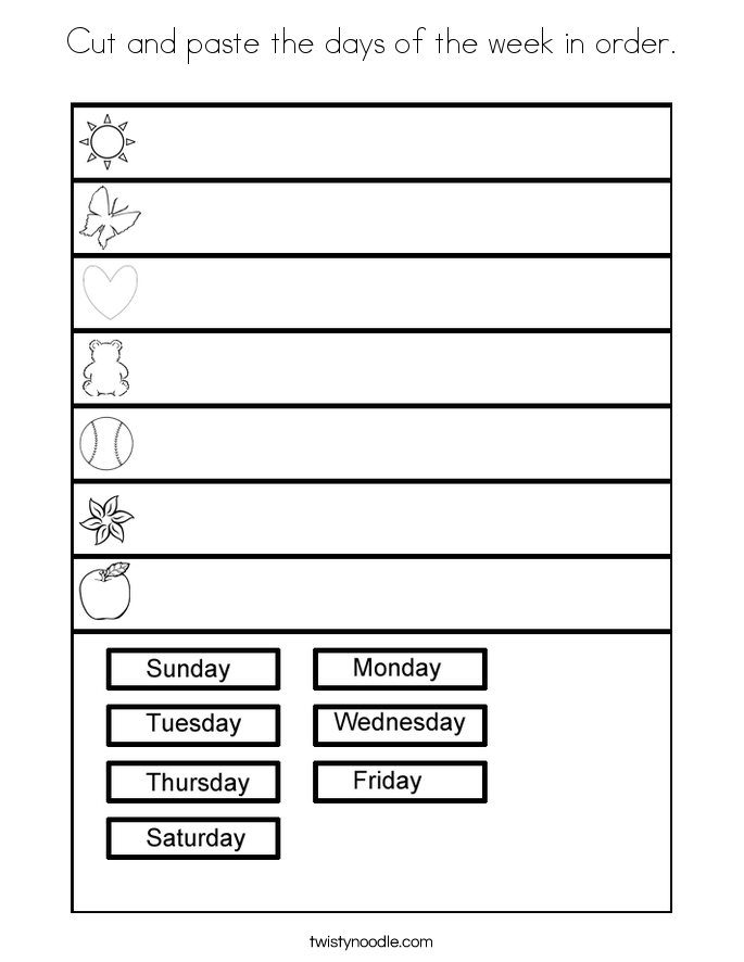 Cut and paste the days of the week in order. Coloring Page