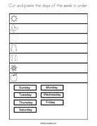 Cut and paste the days of the week in order. Coloring Page