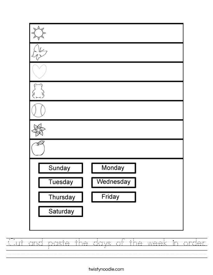 Cut and paste the days of the week in order. Worksheet