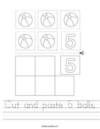 worksheet for kindergarten number 5 Cut and paste 5 balls Handwriting Sheet