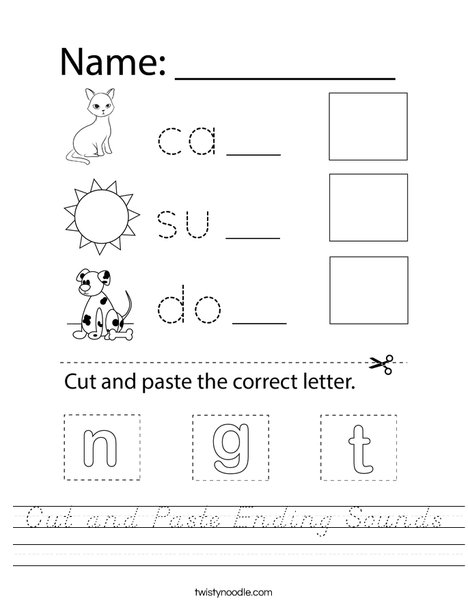 Cut and Paste Ending Sounds Worksheet