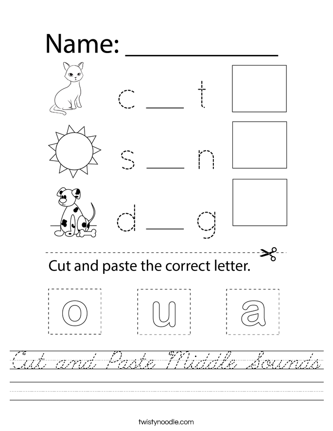 Cut and Paste Middle Sounds Worksheet