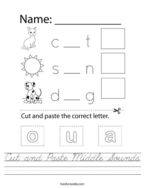 Cut and Paste Middle Sounds Worksheet