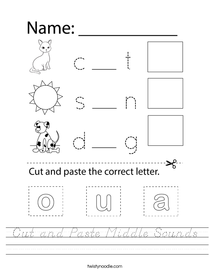 Cut and Paste Middle Sounds Worksheet