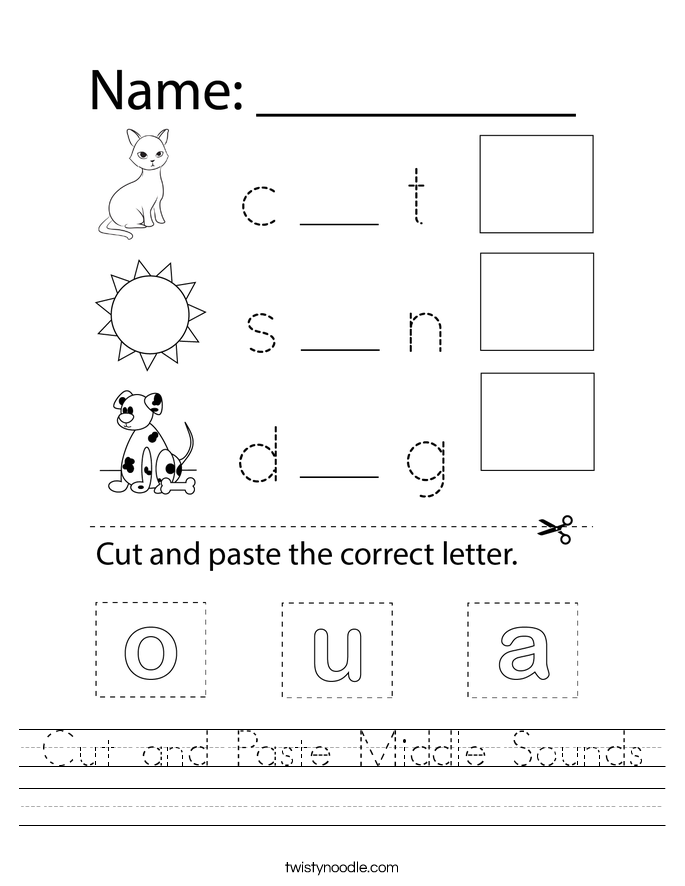 Cut and Paste Middle Sounds Worksheet