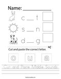 Cut and Paste Middle Sounds Worksheet