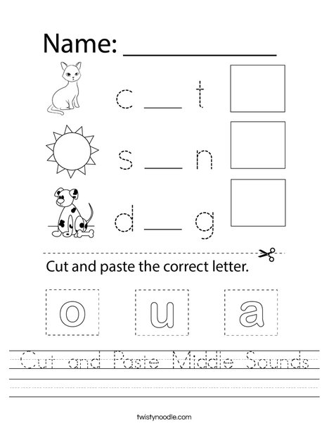 Cut and Paste Middle Sounds Worksheet