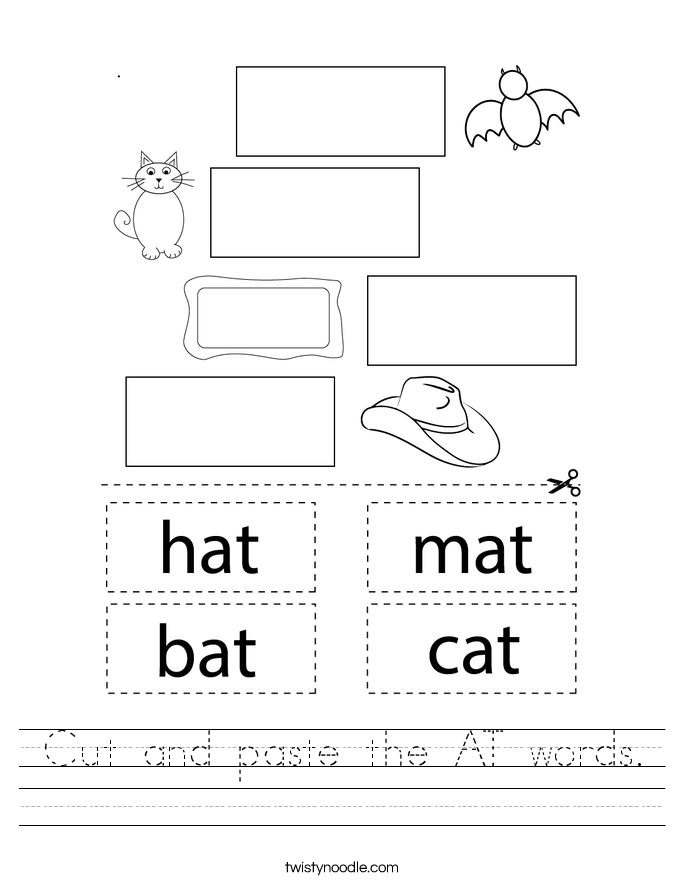 cut and paste the at words worksheet twisty noodle