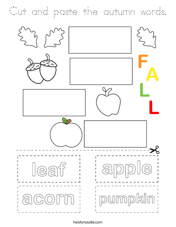 Cut and paste the autumn words. Coloring Page