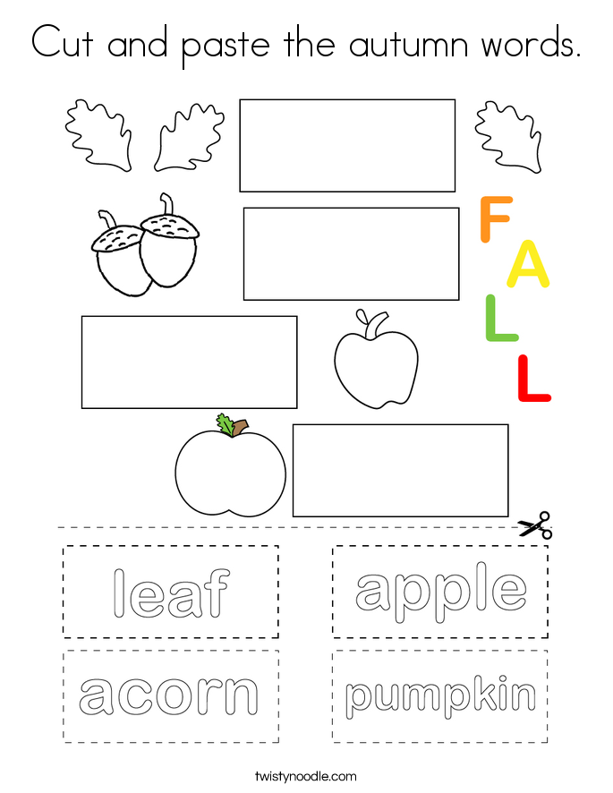 Cut and paste the autumn words. Coloring Page