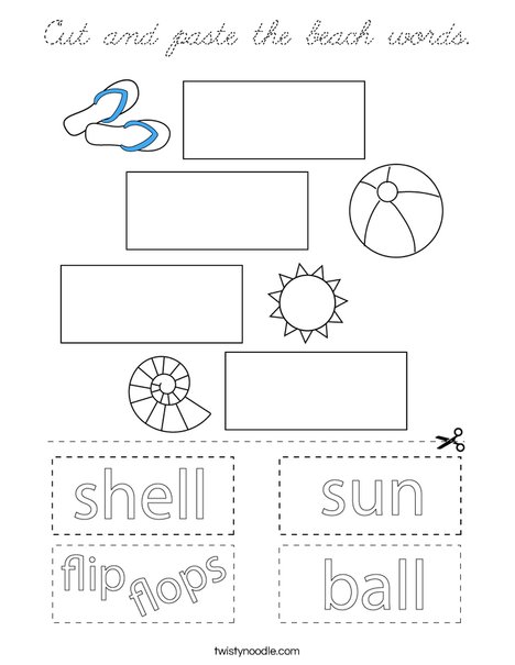 Cut and paste the beach words. Coloring Page
