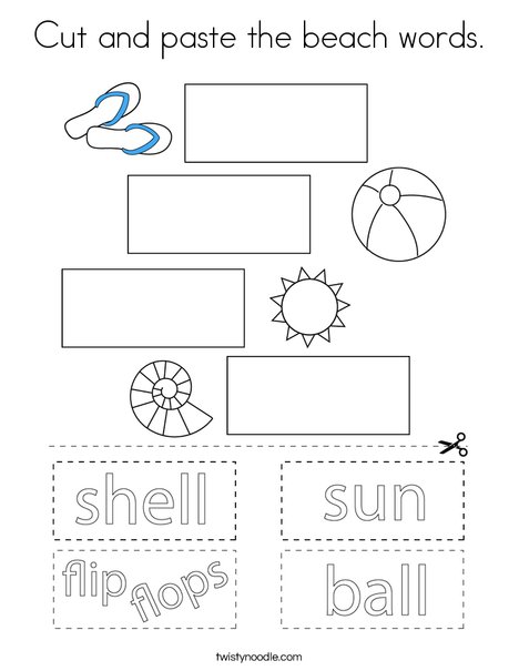 Cut and paste the beach words. Coloring Page