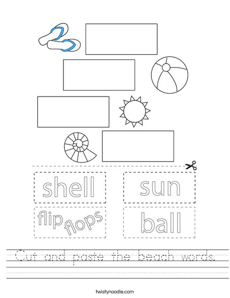 Cut and paste the beach words Worksheet - Twisty Noodle