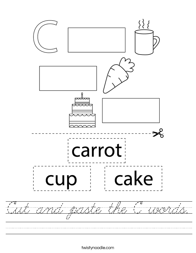 cut and paste the c words worksheet cursive twisty noodle