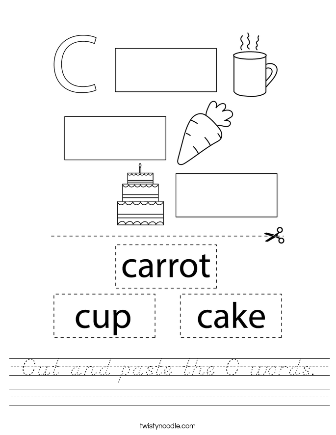 Cut and paste the C words Worksheet - D'Nealian - Twisty Noodle