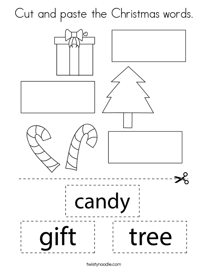 Cut and paste the Christmas words. Coloring Page