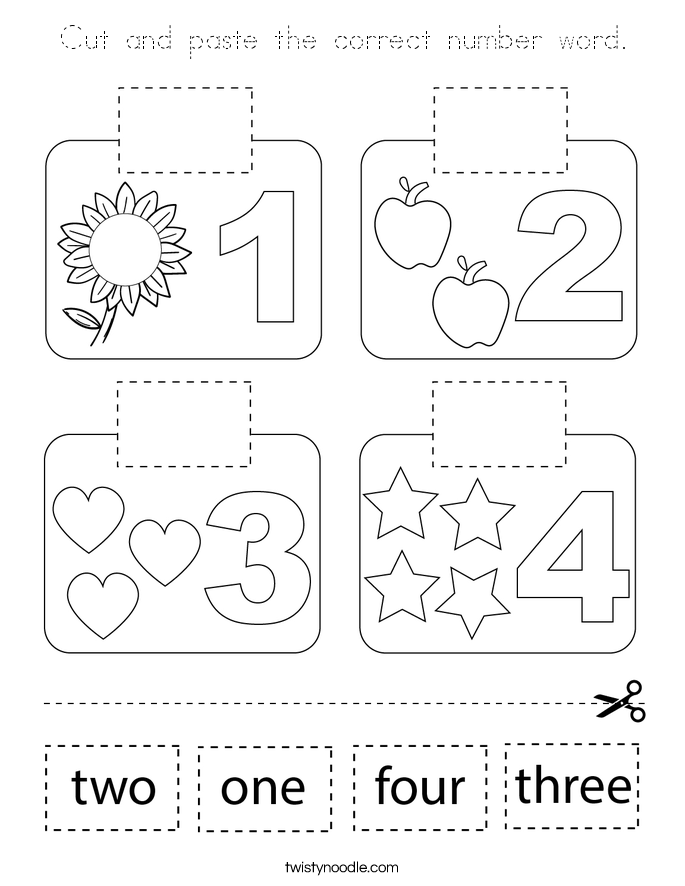 Cut and paste the correct number word. Coloring Page