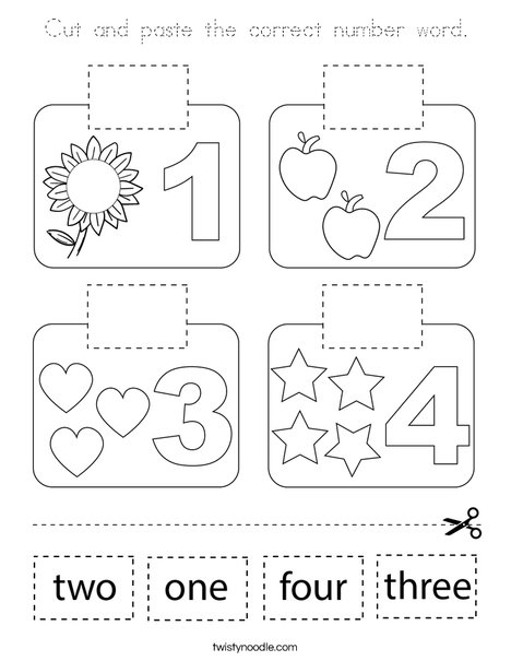 Cut and paste the correct number word. Coloring Page