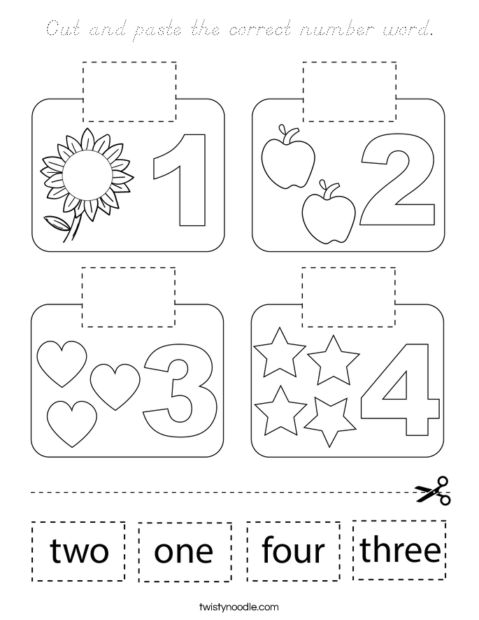 Cut and paste the correct number word. Coloring Page