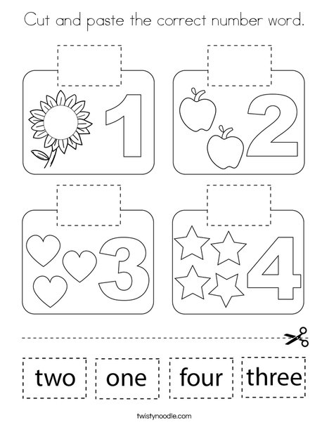 Cut and paste the correct number word. Coloring Page