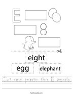 preschool worksheets letter e Cut and paste the E words Handwriting Sheet