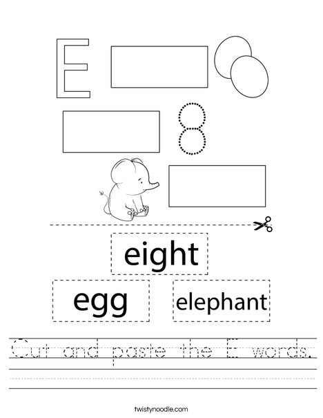 Cut and paste the E words Worksheet - Twisty Noodle Cut and paste the E words Worksheet - Twisty Noodle