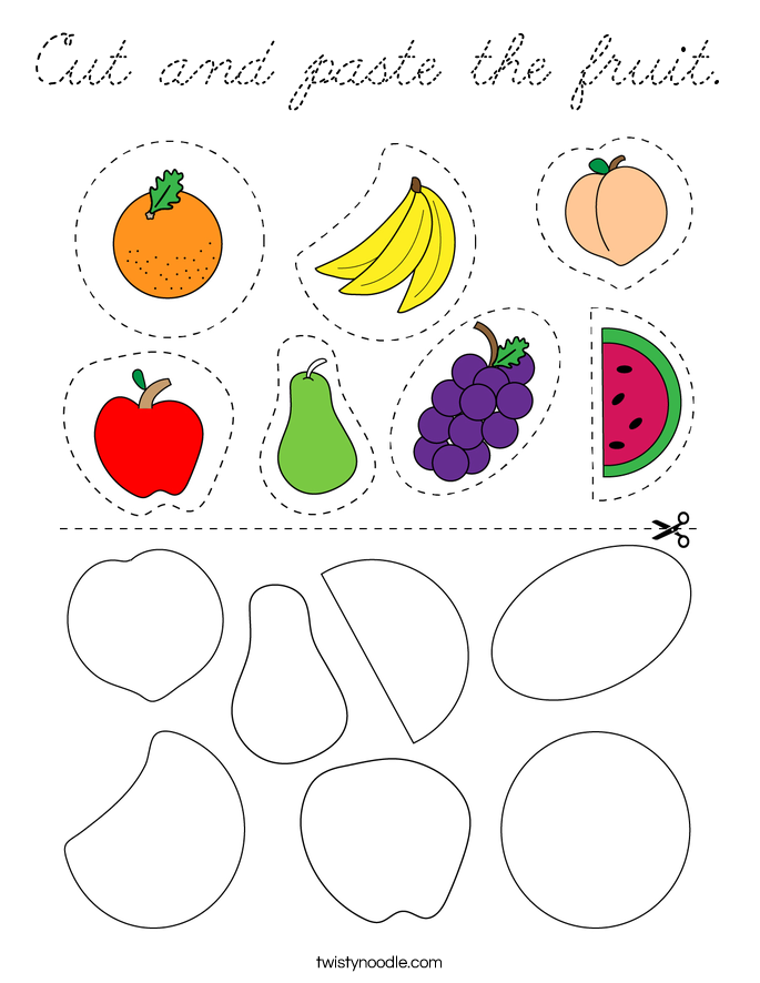 Cut and paste the fruit Coloring Page - Cursive - Twisty Noodle