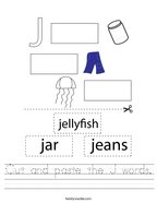 Cut and paste the J words Handwriting Sheet