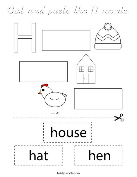 Cut and paste the letter H words. Coloring Page
