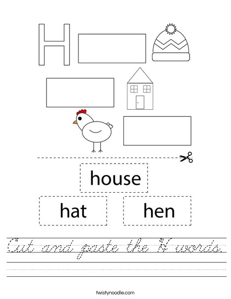 Cut and paste the letter H words. Worksheet