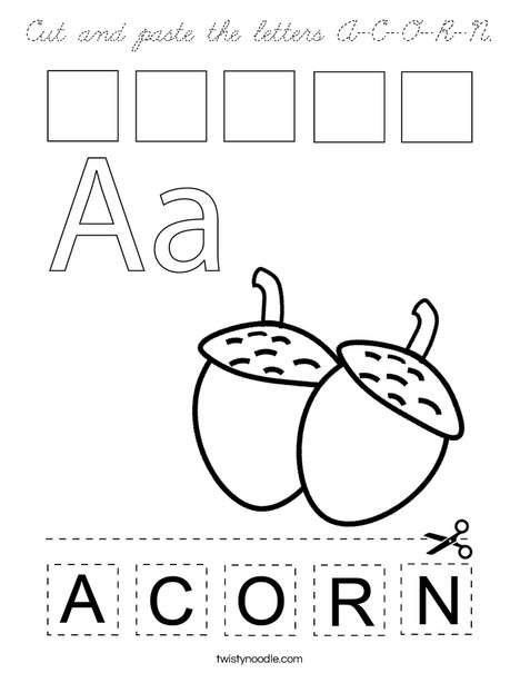 Cut and paste the letters A-C-O-R-N. Coloring Page
