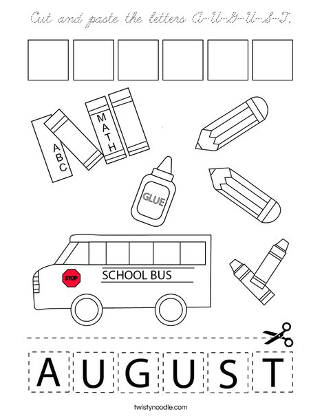 Cut and paste the letters A-U-G-U-S-T. Coloring Page