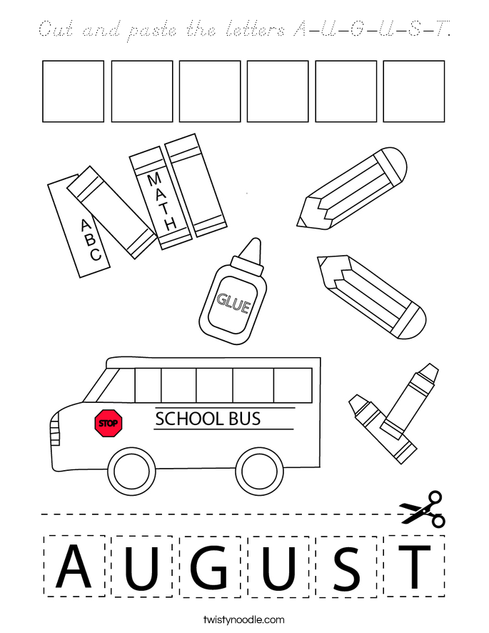 Cut and paste the letters A-U-G-U-S-T. Coloring Page
