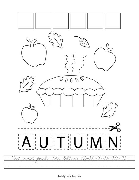 cut and paste the letters a u t u m n worksheet cursive twisty noodle