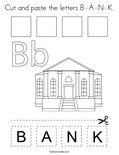 Cut and paste the letters B-A-N-K. Coloring Page