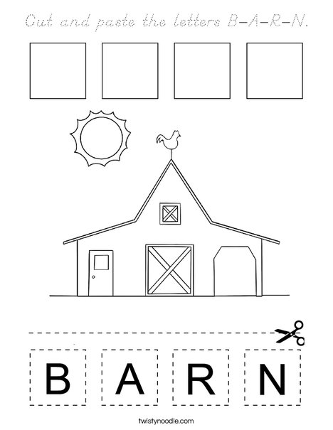 Cut and paste the letters B-A-R-N. Coloring Page