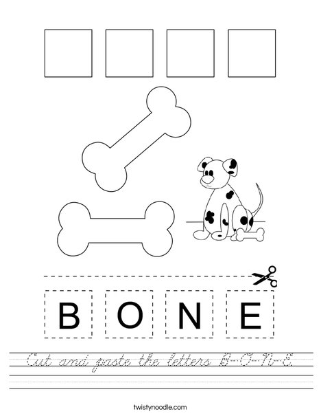 Cut and paste the letters B-O-N-E. Worksheet