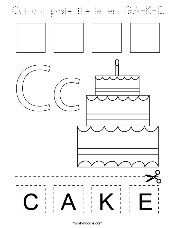 cut and paste the letters c a k e coloring page tracing twisty noodle