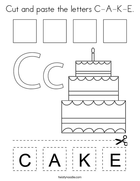 Cut and paste the letters C-A-K-E. Coloring Page