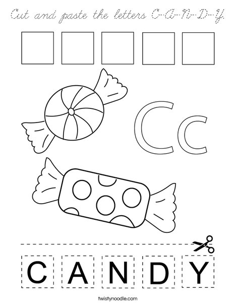 Cut and paste the letters C-A-N-D-Y. Coloring Page