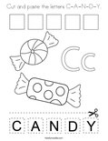 Cut and paste the letters C-A-N-D-Y. Coloring Page