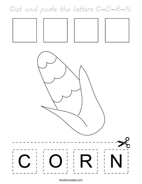 Cut and paste the letters C-O-R-N. Coloring Page