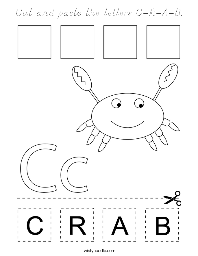 cut and paste the letters c r a b coloring page dnealian twisty noodle
