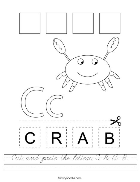 cut and paste the letters c r a b worksheet cursive twisty noodle