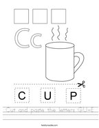 Cut and paste the letters C-U-P Handwriting Sheet