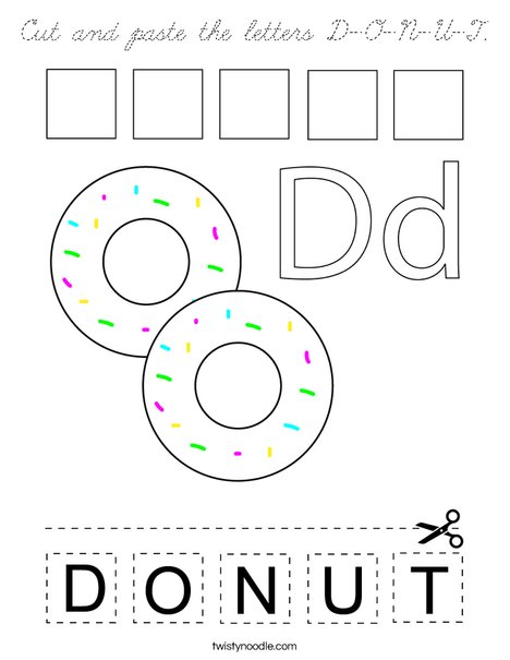Cut and paste the letters D-O-N-U-T. Coloring Page