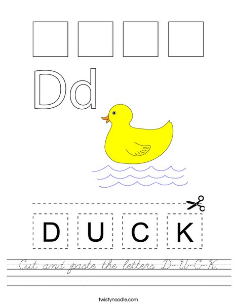 cut and paste the letters d u c k worksheet cursive twisty noodle